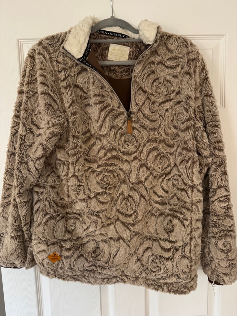 Simply Southern Taupe Plush Rose-Textured Quarter-Zip Hoodie